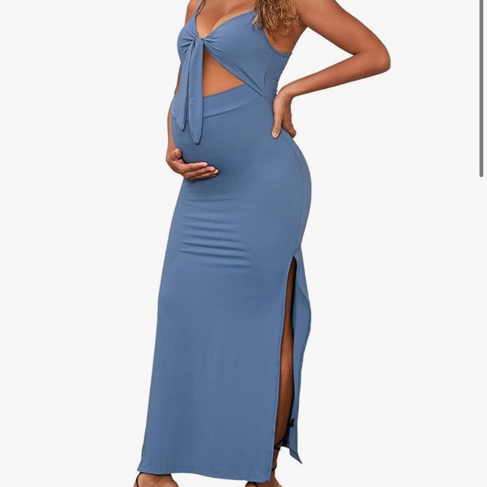 Maternity Blue Maxi Dress with Front Tie and Side Slit